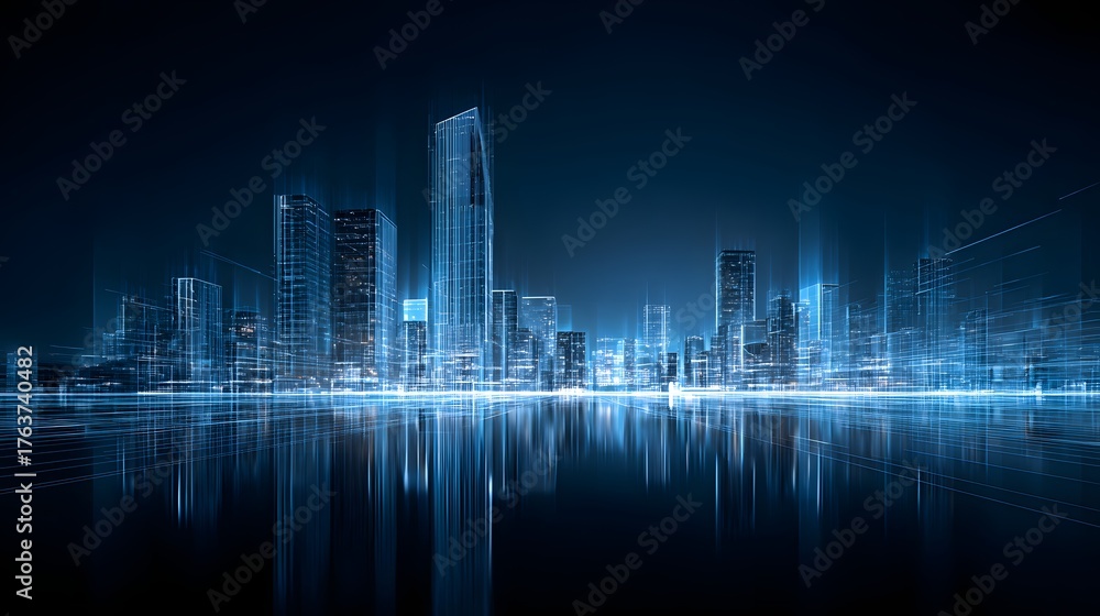 Fototapeta premium Digital holographic cityscape projection illuminates dark water surface with bright blue light trails