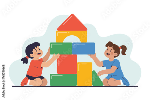 Children playing with blocks building tower childhood development fun