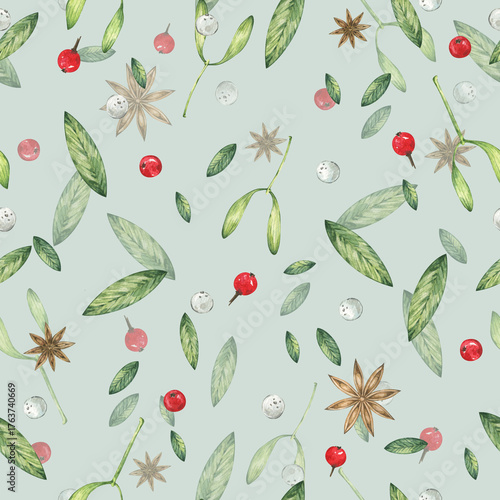 Watercolor seamless pattern with green leaves, red berries, and star anise on a light gray. The design is suitable for textiles and Christmas and winter holiday decor, wrapping paper and packaging.