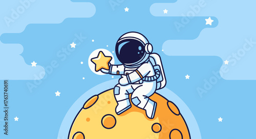 Astronaut floating in space reading a book with coffee and stars around