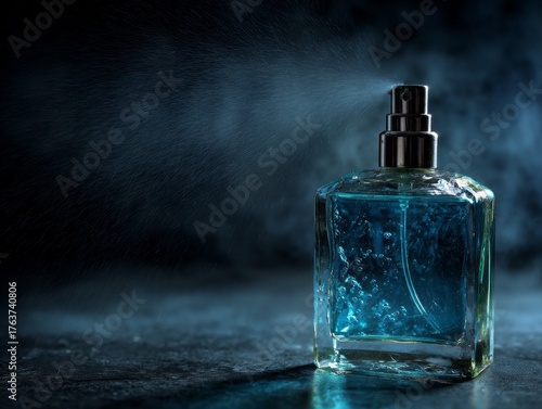 Wallpaper Mural Square glass bottle of blue liquid sprays fine mist against a dark background Torontodigital.ca