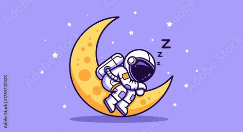 Astronaut peacefully sleeping on a crescent moon, surrounded by twinkling stars in a purple galaxy
