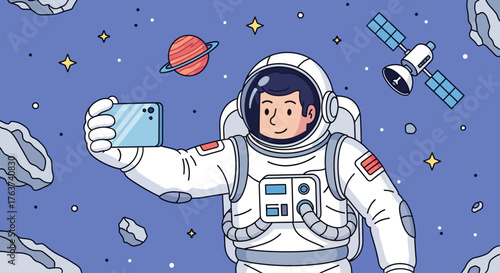 Astronaut taking a selfie in space with planets and stars