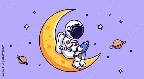 Astronaut relaxing on the moon reading a book surrounded by planets and stars