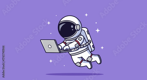 Astronaut floating in space using a laptop computer with stars in the background