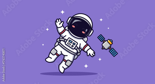 Cute astronaut floating in space next to a satellite illustration
