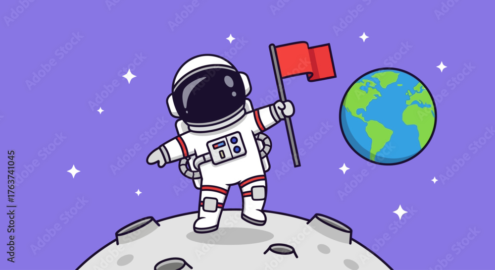Naklejka premium Astronaut Planted Flag on Moon With Earth in Background, Space Exploration Concept Art