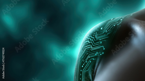 Digital circuits on a human shoulder during a futuristic concept