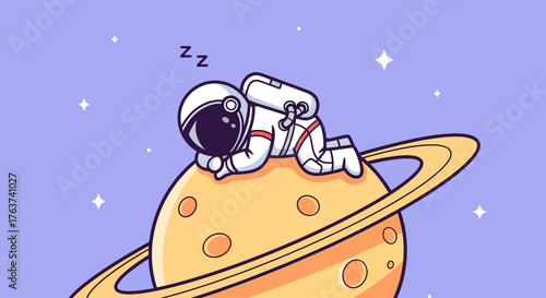 Astronaut sleeping on Saturn's rings, a cosmic dreamscape illustration