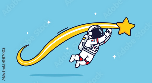 Astronaut chasing a shooting star with a bright tail in the blue sky, representing dreams and aspirations