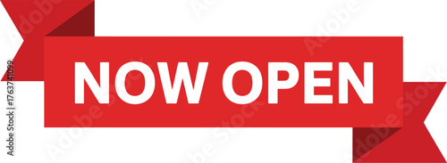A red banner with the words "NOW OPEN" in white text is displayed.