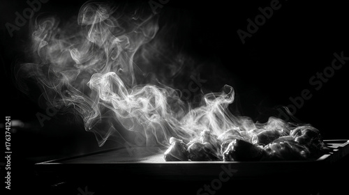 A monochrome image showing smoking food on a tray against a dark background in a dramatic lighting