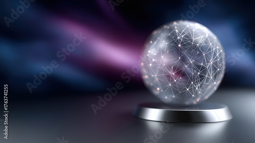 Lighted crystal globe with network design on dark surface