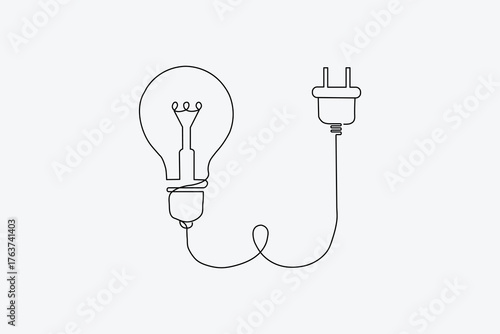 Minimalist line art drawing of a light bulb connected to an electric plug