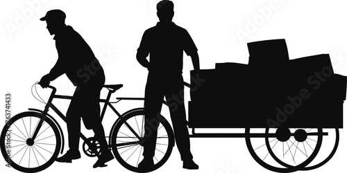 Silhouette of two people with cargo bicycles transporting goods, black vector illustration for delivery, teamwork, urban logistics, and eco transport concept