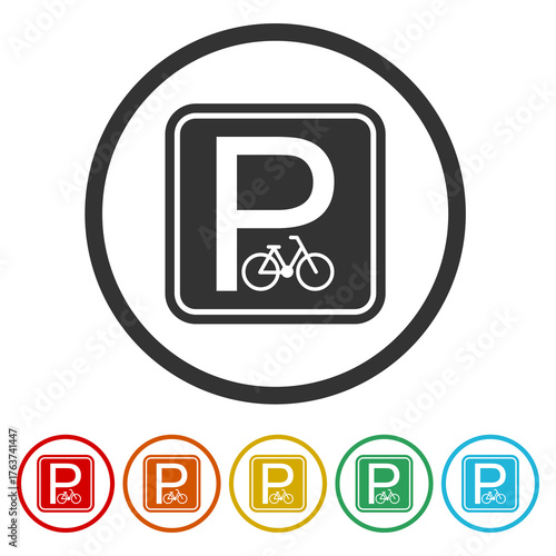 Parking bicycle area sign icon. Set icons in color circle buttons