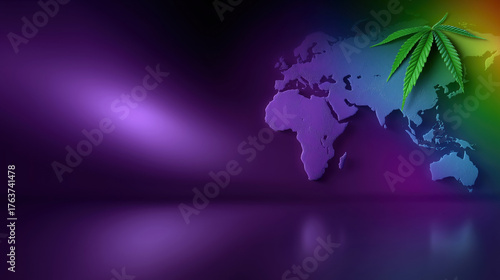 Colorful world map with cannabis leaf on a vibrant background