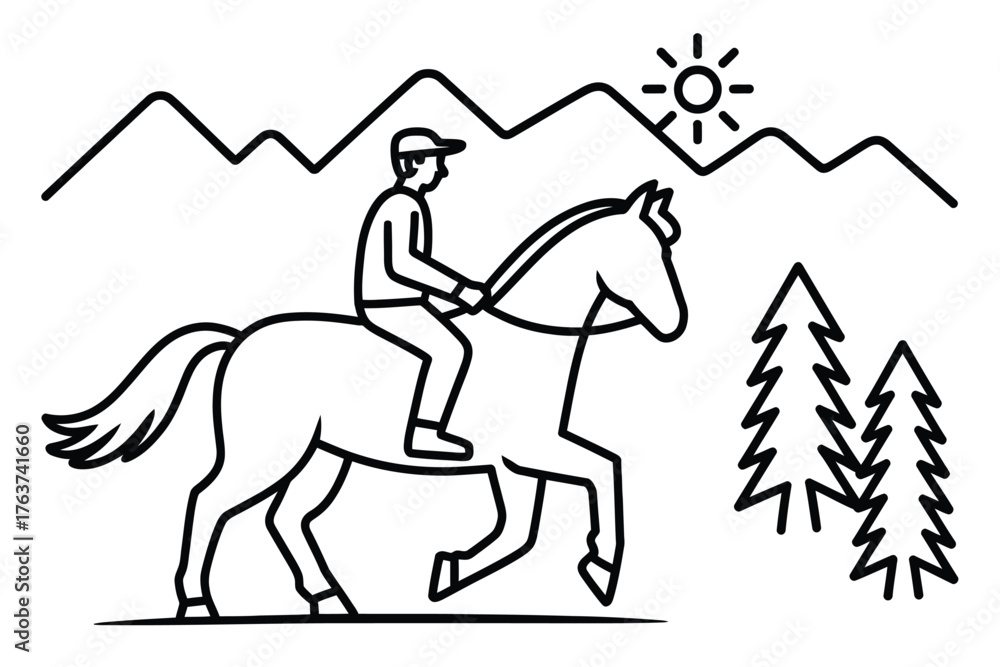 Fototapeta premium A person rides a horse through a mountainous landscape with trees and a sun.