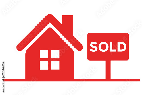 A red house icon with a sold sign indicates a successful real estate transaction.