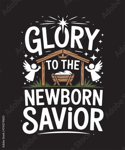 Beautiful Christian Christmas Design Featuring Cross, Nativity Scene, Holy Night Star, and Peace on Earth Typography for Faith-Based Holiday Greeting, Bible Verse Quote, Jesus Birth Celebration Art