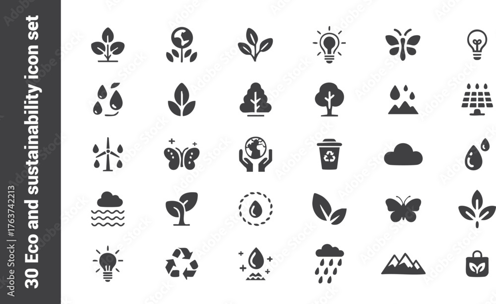 Obraz premium Eco and sustainability icon set. Vector glyph pictograms of recycle tree, solar panel, wind turbine, environment, renewable energy, and conservation concept black silhouette illustration.