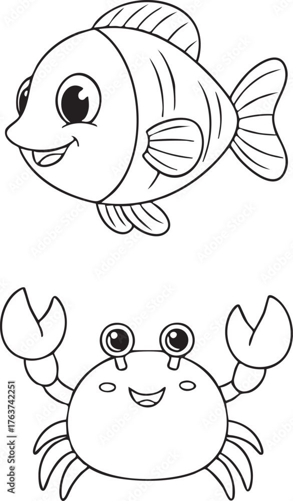Fototapeta premium Cute Cartoon Fish and Crab Outline for Coloring Book