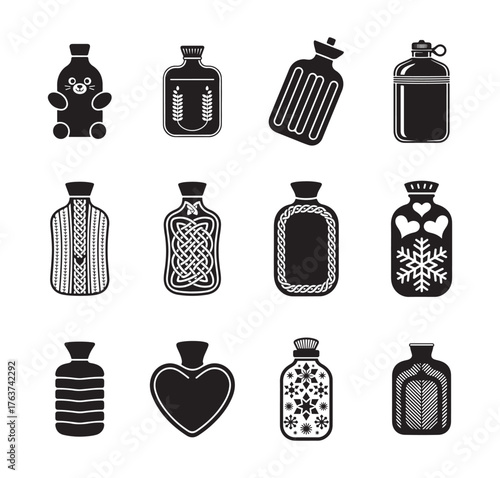 Stylish Hot Water Bottle Icon Set – Cozy Winter Essentials.