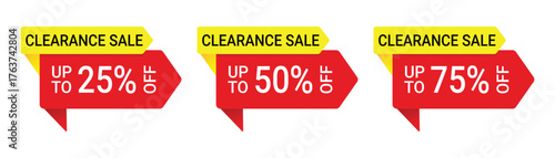 Clearance sale offer label. Discount up to 25%, 50% and 75% off on year end sale product tag. Transparent vector and PNG