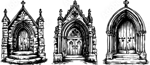 Gothic doors in a hand-drawn style. Detailed vector illustration of ornate cemetery structures, showcasing craftsmanship in a set.