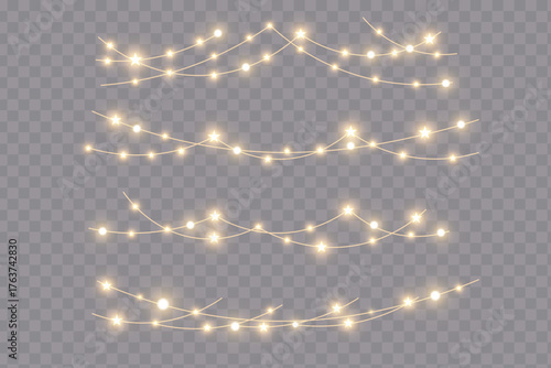Festive Christmas light gold garlands PNG. Decor element for postcards, invitations, backgrounds, business cards. Winter new collection 2023. Christmas background. Powder dust light PNG.