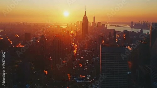 New york city skyline panoramic sunrise view with manhattan skyscrapers glowing in morning light urban architecture 4k resolution