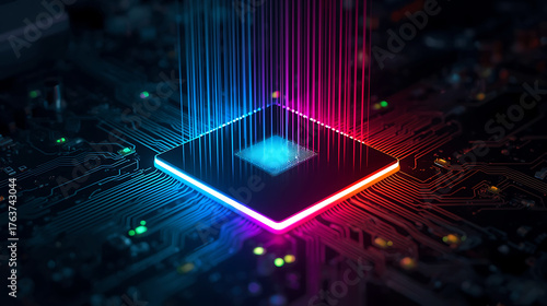 Advanced Microprocessor Chip with Colorful Light Rays Powering High Technology Computing Future