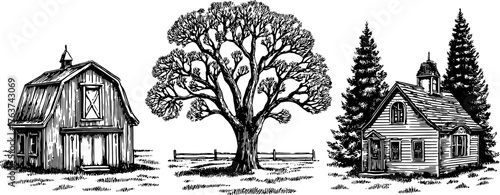 House, tree, and barn in black and white silhouette. Vintage rural landscape illustration featuring simple outdoor elements in a vector set.