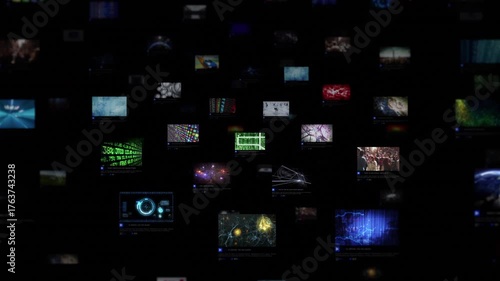 Wall Of Digital Screens Displaying Technology, Data, And Global Network Visuals Symbolizing Information Overload And Digital Interconnection In The Modern World.