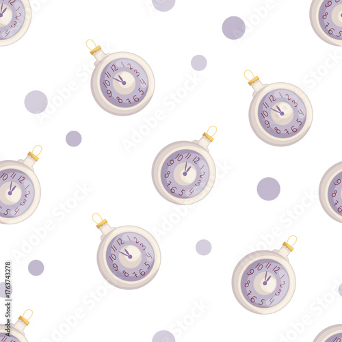 Seamless Christmas pattern with vintage clock ornaments in pastel shades symbolizing New Year countdown, perfect for wrapping, decor and festive cards