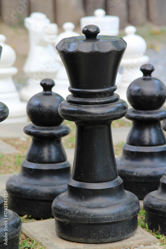 A giant outdoor chess set on green grass