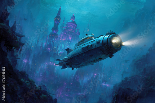 Futuristic submarine exploring underwater city with illuminated towers and domes, advanced technology visible on vessel, deep blue ocean environment surrounding mysterious architecture