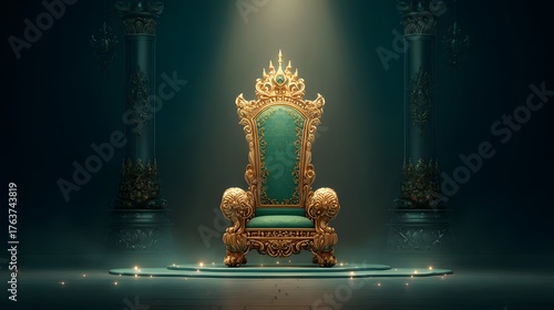 Ornate golden throne upholstered in rich green fabric rests illuminated on a stage flanked by pillars