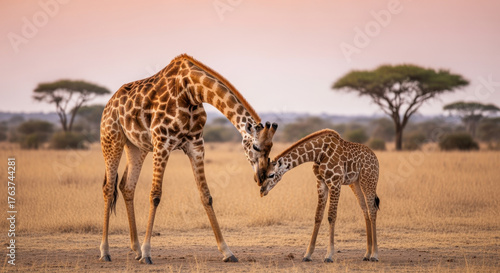 A giraffe and its calf share a tender moment in the African savanna, touching necks.