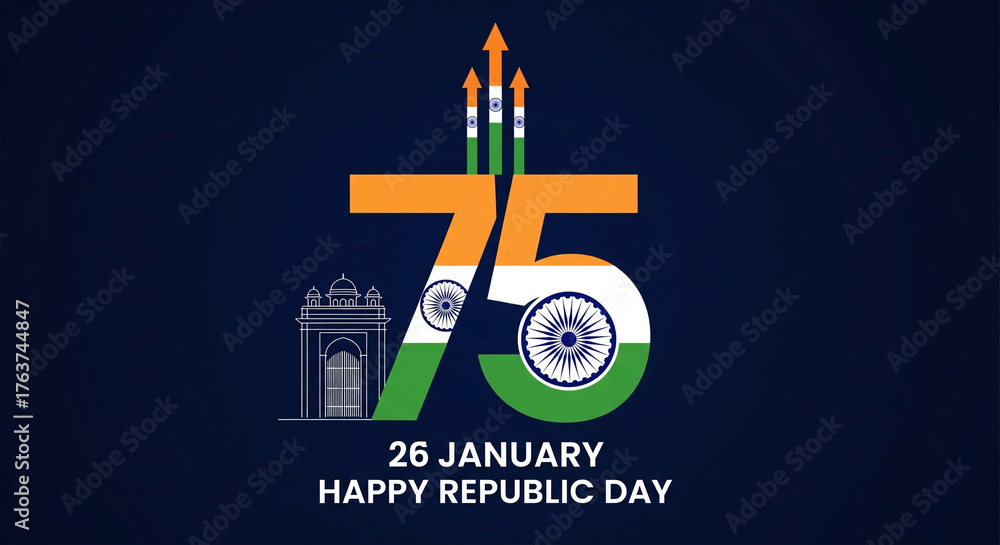 Obraz premium A stylized digital illustration celebrating the 75th Republic Day of India is depicted against a dark blue background