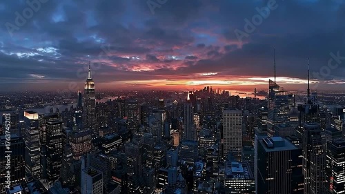 New york city skyline panoramic sunrise view with manhattan skyscrapers glowing in morning light urban architecture 4k resolution