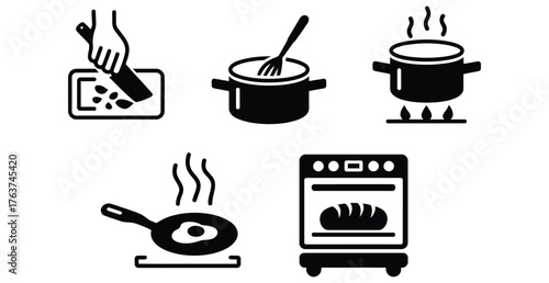 WebCooking icons set for culinary projects, featuring chopping, stirring, boiling, frying, and baking for a delicious visual feast perfect for recipes and food blogs