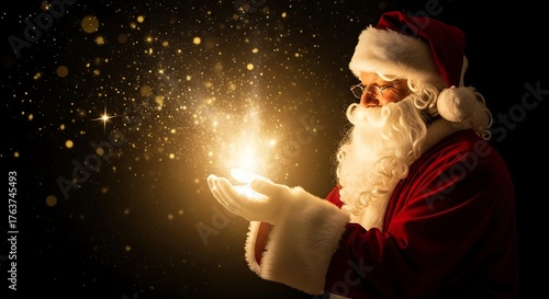 Santa claus holding glowing magical light in his hands with sparkling particles