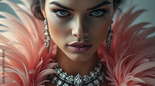 Close-up portrait, exotic woman with pink and beige feathers and diamond necklace, epic lens glow lighting, strong hard light, direct harsh shadows, massive scale, heroic elements.