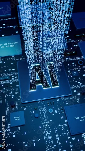 AI processor, artificial intelligence, big data, deep learning unit, motherboard. Futuristic, digital processes, technology, machine learning, binary, connected. Vertical format, 3D animation