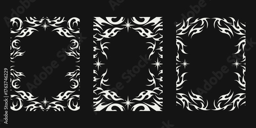 Neo tribal flame frame design. Stylish neo tribal flame frame design with white fire shapes on black background. Perfect for tattoo frame, poster border, or modern decorative artwork.