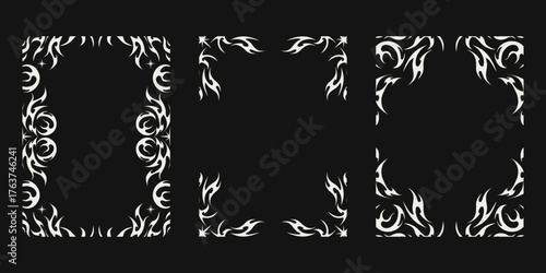 Neo tribal flame frame design. Stylish neo tribal flame frame design with white fire shapes on black background. Perfect for tattoo frame, poster border, or modern decorative artwork.