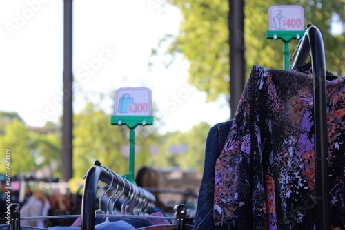 Feira de Moda Circular ao Ar Livre com Roupas em Araras, Clientes Desfocados ao Fundo e Placa de Promoção Destacando Valor 300, Ambiente Natural