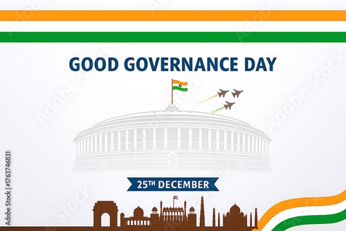 Good governance day india celebration with parliament building and indian flag