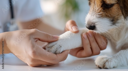Close-up of vet wrapping dog’s injured paw with careful hands while dog calmly observes